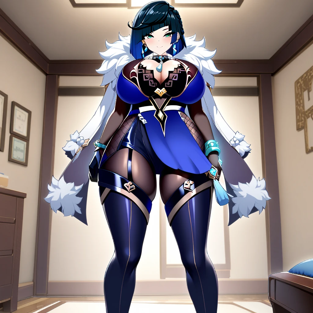 Yelan(genshin impact),1girl,solo,super huge breasts,looking at viewer,near,standing up,in room
