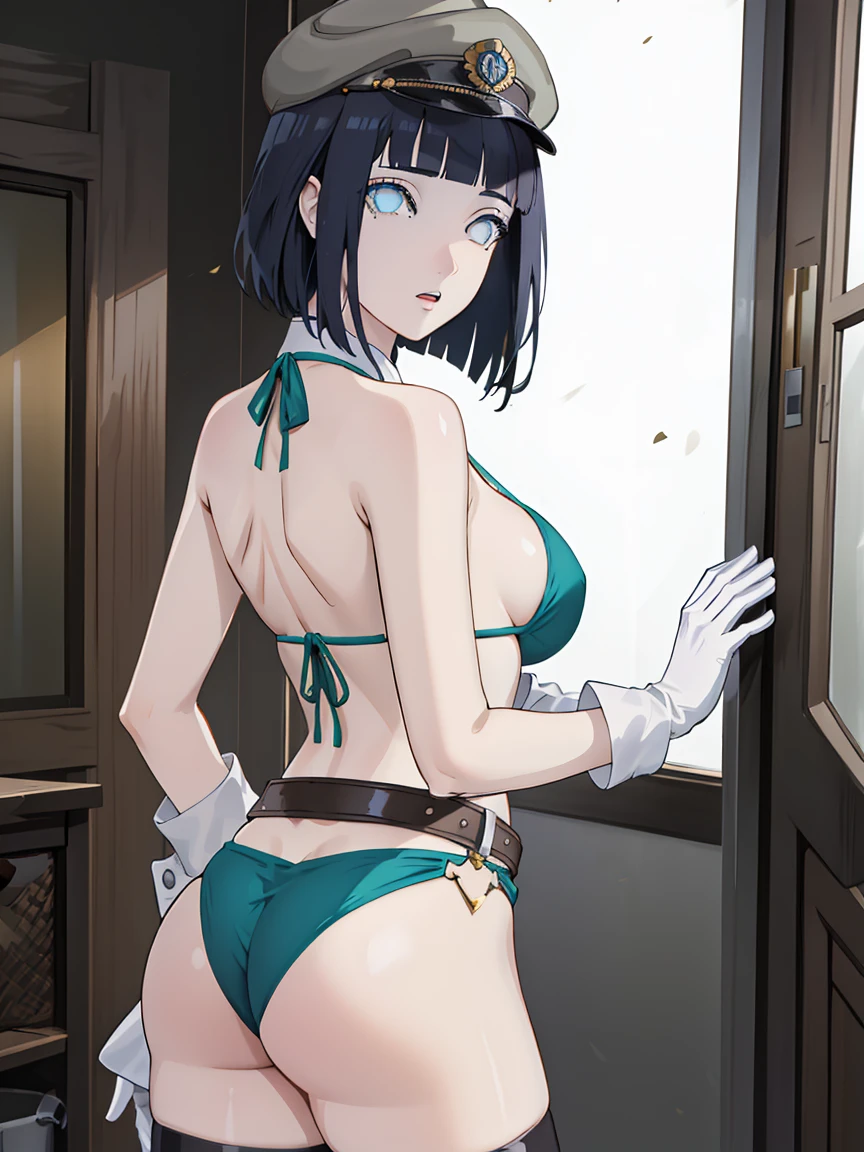 hinata\(boruto\), 1girl, solo,mature female,medium breast,
BREAK wearing belt, bikini, black footwear, black headwear, boots, garrison cap, gloves, green bikini, green gloves, green thighhighs, hat,
BREAK looking at viewer, full body, (cowboy shot:1.5),Transparent buttocks,Butt crack emphasis,facing back,Pose with one leg slightly bent forward,
BREAK indoors,
BREAK (masterpiece:1.2), best quality, high resolution, unity 8k wallpaper,NSFW ,(illustration:0.8), (beautiful detailed eyes:1.6), extremely detailed face, perfect lighting, extremely detailed CG, (perfect hands, perfect anatomy),