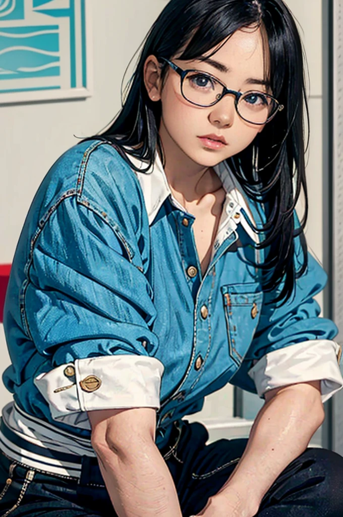 There is a woman sitting on the floor with her legs crossed..., Wearing glasses, Japanese Model, Wearing glasses on, Wearing square glasses, Young Sensual Gravure Idol, Yasumoto Oka, Genuine young gravure idol, Without glasses, Yoshitomo Nara, Aoi Ogata, Wearing glassesいる, Surreal,Provocative,((Beautiful Skin)),((Skin Texture)),((Real Touch)), healthy, unreddish skin, Cute freckles on the cheeks,Mole under left eye,