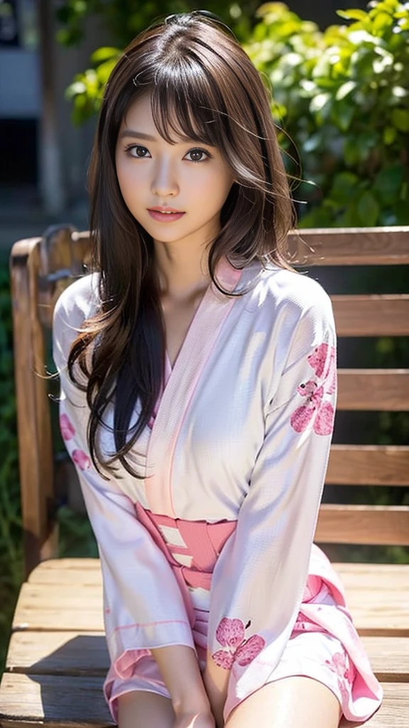 masterpiece, Highest quality,16K, Ultra-high resolution,The light and shadow of reality,Cinema Lenses,((Very skinny)),((Her waist is so slim and beautiful)),((High nose、Small Mouth)),((Clean and slim face line)),((Big dark eyes with long eyelashes)),((Very small face))((Very slim and beautiful arms)),((She is very slim and has a great figure)),((Pure white beautiful skin)),((Cute Japanese Girls)),(((Pink colorful clothes、yukata))),((Sitting on a bench in a stylish cafe)),(Beautiful Eyes:1.1),Reflecting clear eyes and a gentle smile,