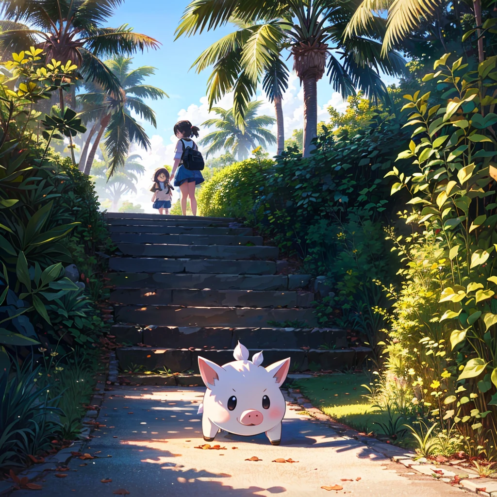Masterpiece, highest quality, high resolution background, bright and beautiful atmosphere, 3 girls (2 years old, 1 short-tempered round face), 1  (hair, surface effects), small breasts, girls climbing on palm trees , perspective looking down on the ground, mini pig playing on the ground, mini pig rolling, "deltamon_sdXL :0.73) >Deltamon"