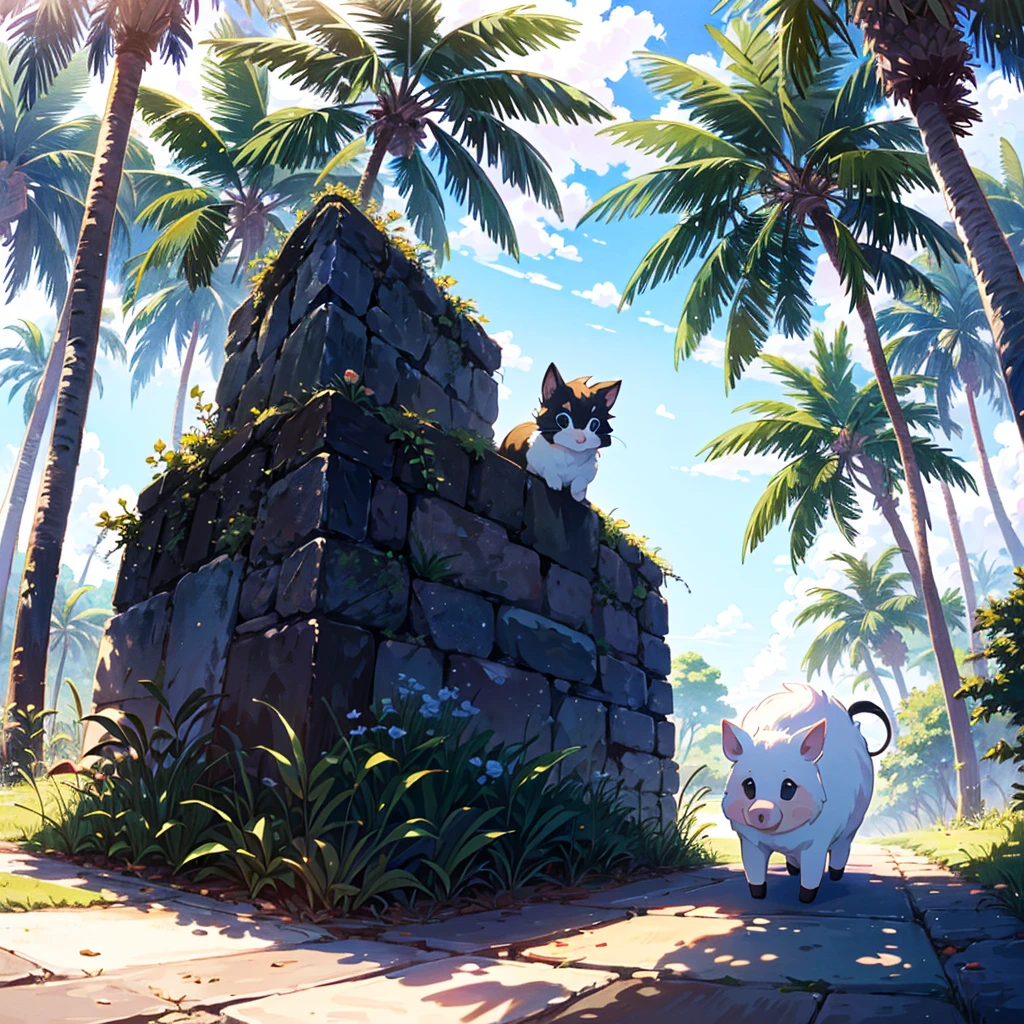 Masterpiece, highest quality, high resolution background, bright and beautiful atmosphere, 3 girls (2 , 1 short-tempered round face), 1  (hair, surface effects), small breasts, girls climbing on palm trees , perspective looking down on the ground, mini pig playing on the ground, mini pig rolling, "deltamon_sdXL :0.73) >Deltamon"