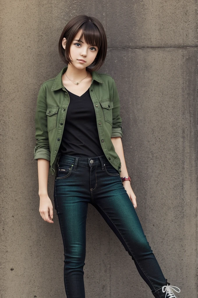 An anime art of a cute girl. She has short brown hair and green eyes. She is wearing a causal clothes, black jeans and black combat boots.