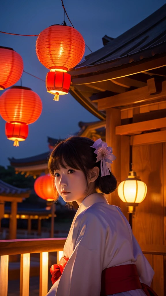 Lanterns dancing in the night sky、Shrine maiden with sad face