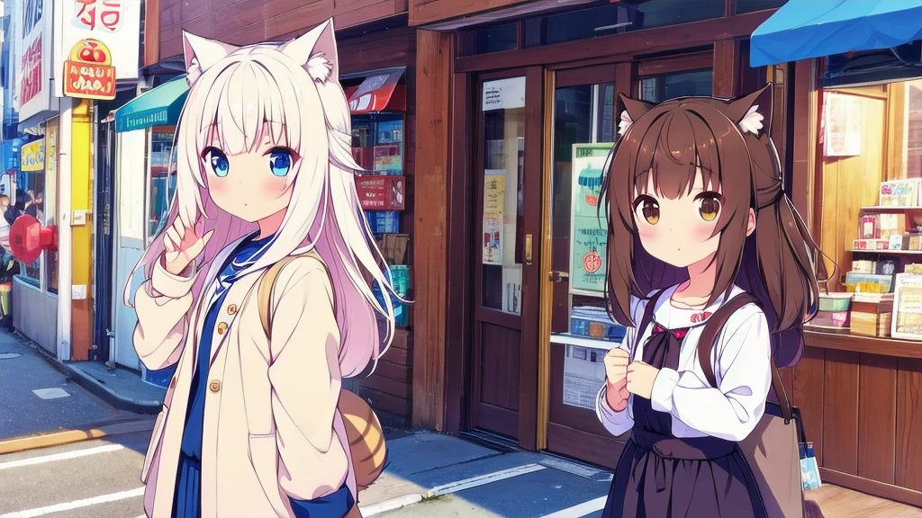 cat girl bear girl cute excellent quality on Akihabara street in  brown hair brown eyes white hair blue eyes 