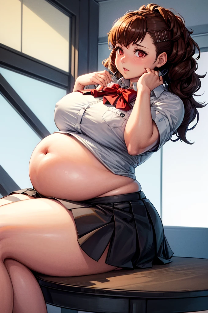 (masterpiece, best quality, highres, absurdres), 1girl, big belly, chubby arms, thighs, art by kipteitei, uniform, brown hair, black knee high skirt, white button up shirt, bow, armband, digital media player, headphones, chubby, embarrassed, flushed, sitting down with legs together, poking belly, shirt buttons popping