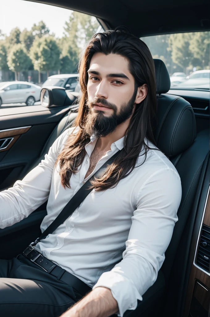 handsome young man with straight and slightly long hair and beard inside luxury car selfie