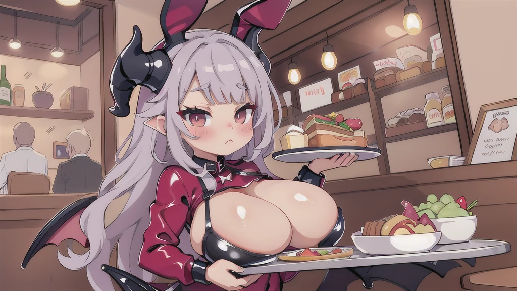 Beautiful picture), (Masterpiece), ((((Solo)))), ((big breasts)), (curvy), (sexually suggestive), (wearing latex bunny suit), perfect hands, sexy legs, (pouting), (bored), (holding a tray of food), (stockings), (demon horns), at a restaurant, (tight clothes),