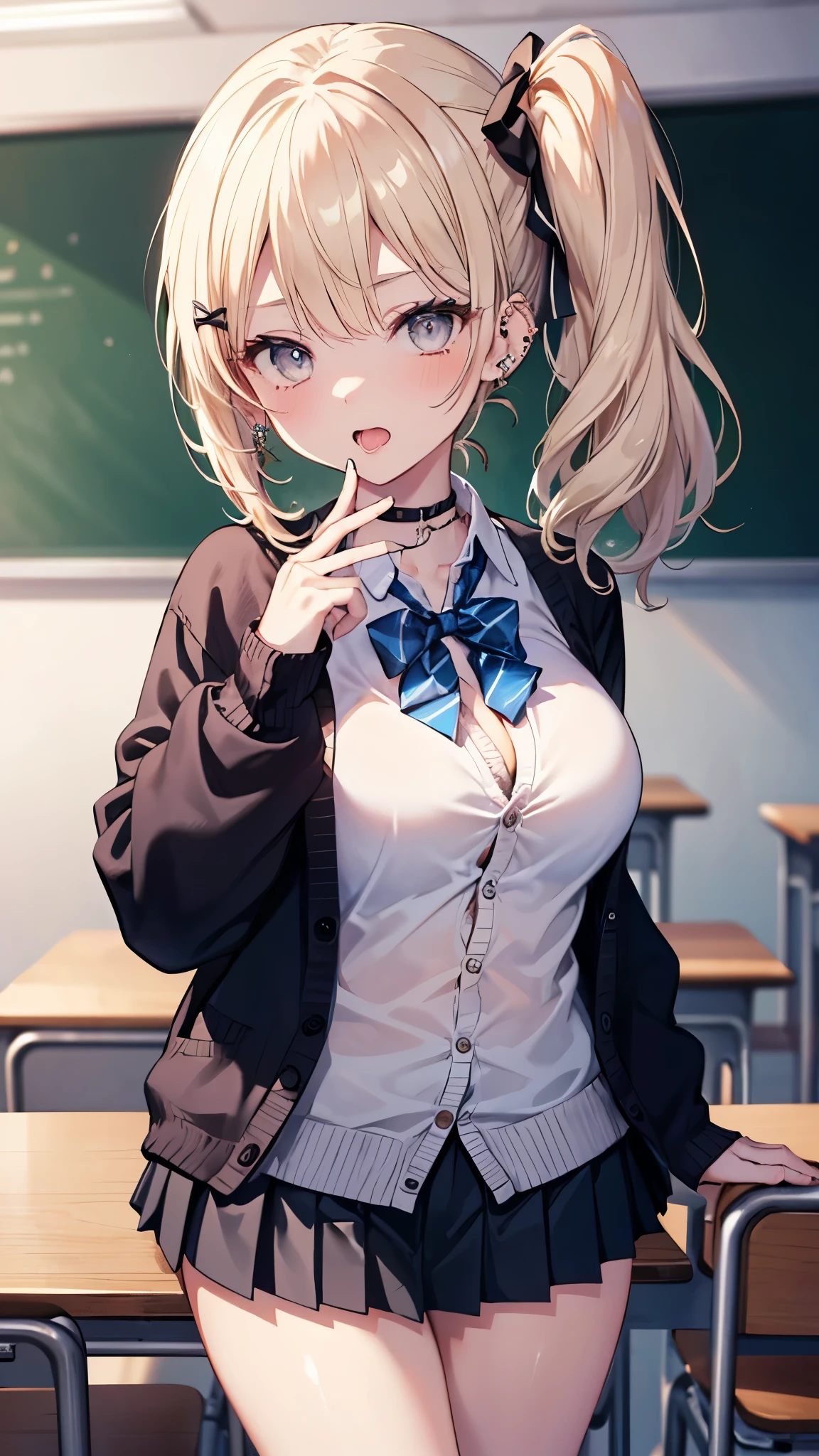 (masterpiece、Highest quality、Very detailed))、One girl、gyaru、Blonde、low twintails、Grey Eyes、evil smile、((Grin))、((lots of piercing))、Large Breasts、((White collared shirt))、((A bow tie))、((cardigan))、((Black pleated skirt))、((micro miniskirt))、((Thick waist))、Cowboy Shot、Classroom Background