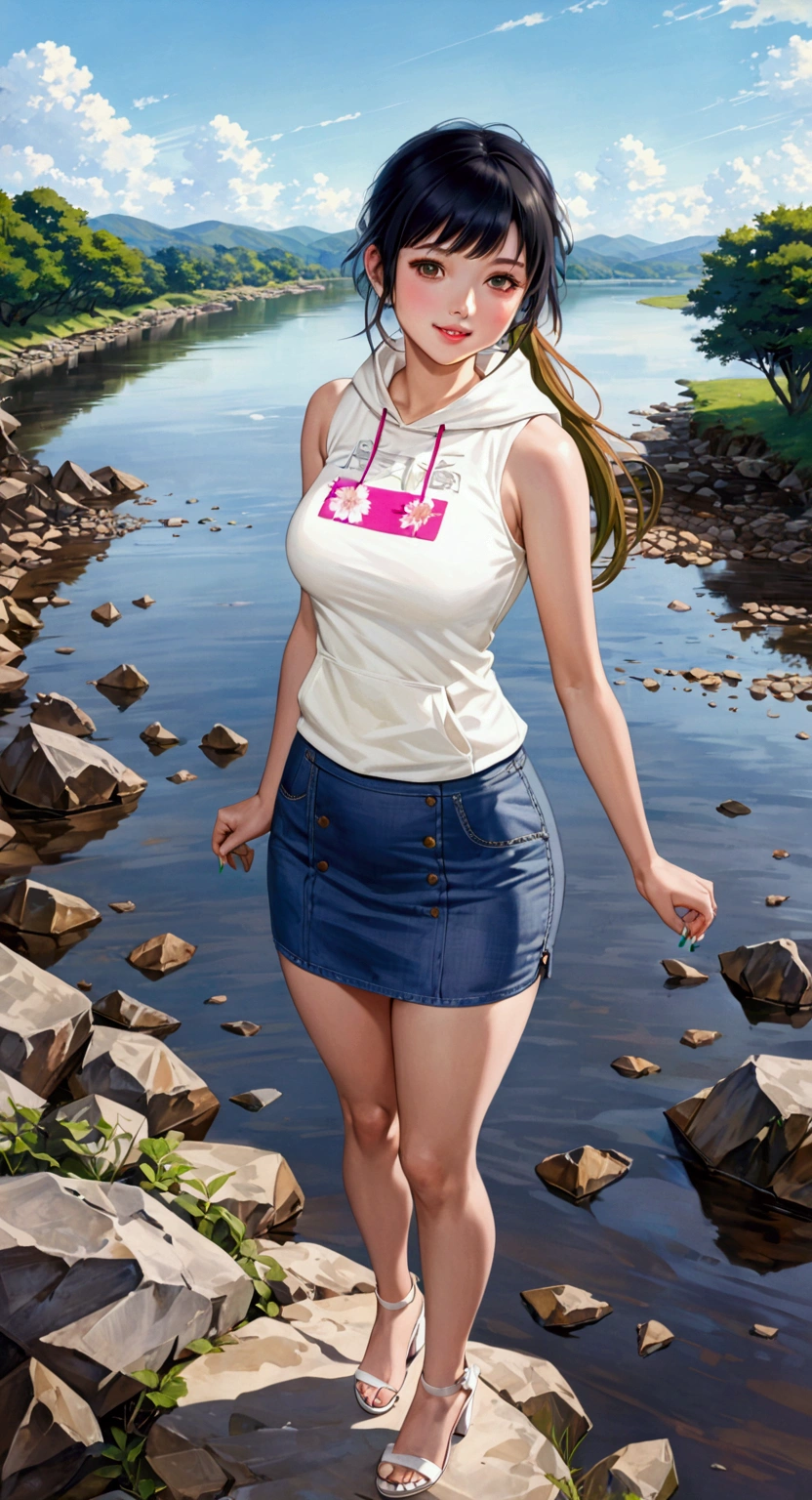 realistic anime illustration of pretty young woman standing near river, (she has ponytail hair with full bangs and wearing white sleeveless hood, olive-green pencil mini skirt, white heel sandals), (1girl, solo,full body), (masterpiece, best quality, Japanese anime style)