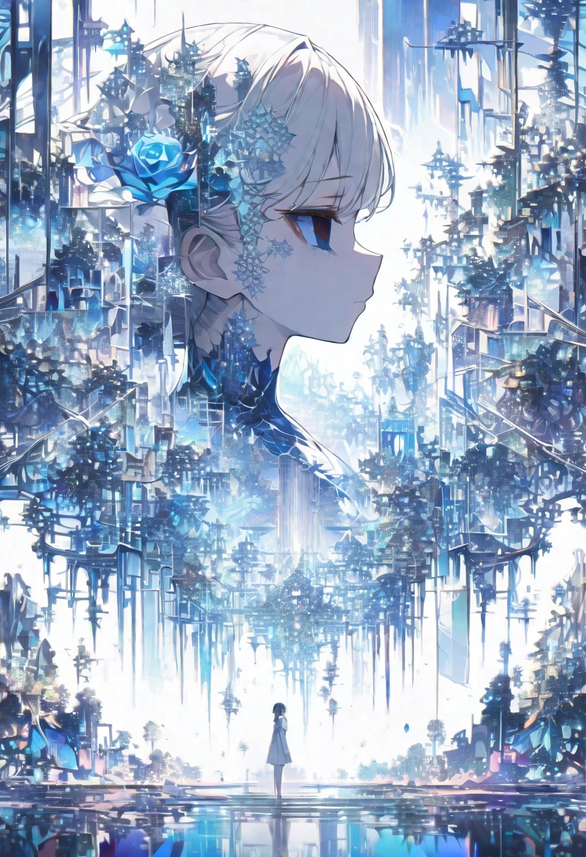 Tai Chi diagram、((masterpiece)), (anime:1.3), ((Highest quality)), (Abstract art:1.5), (High resolution), (pale colour), Wide Shot, (Fractal structure:1.5), (Simple white background:1.6), landscape, (beautiful), (Biological atmosphere), deep sea, (pretty girl), (Hollow Eyes), (profile), beautiful白い髪, (Are crying), transparent Glass ice mirror Blue rose crystal