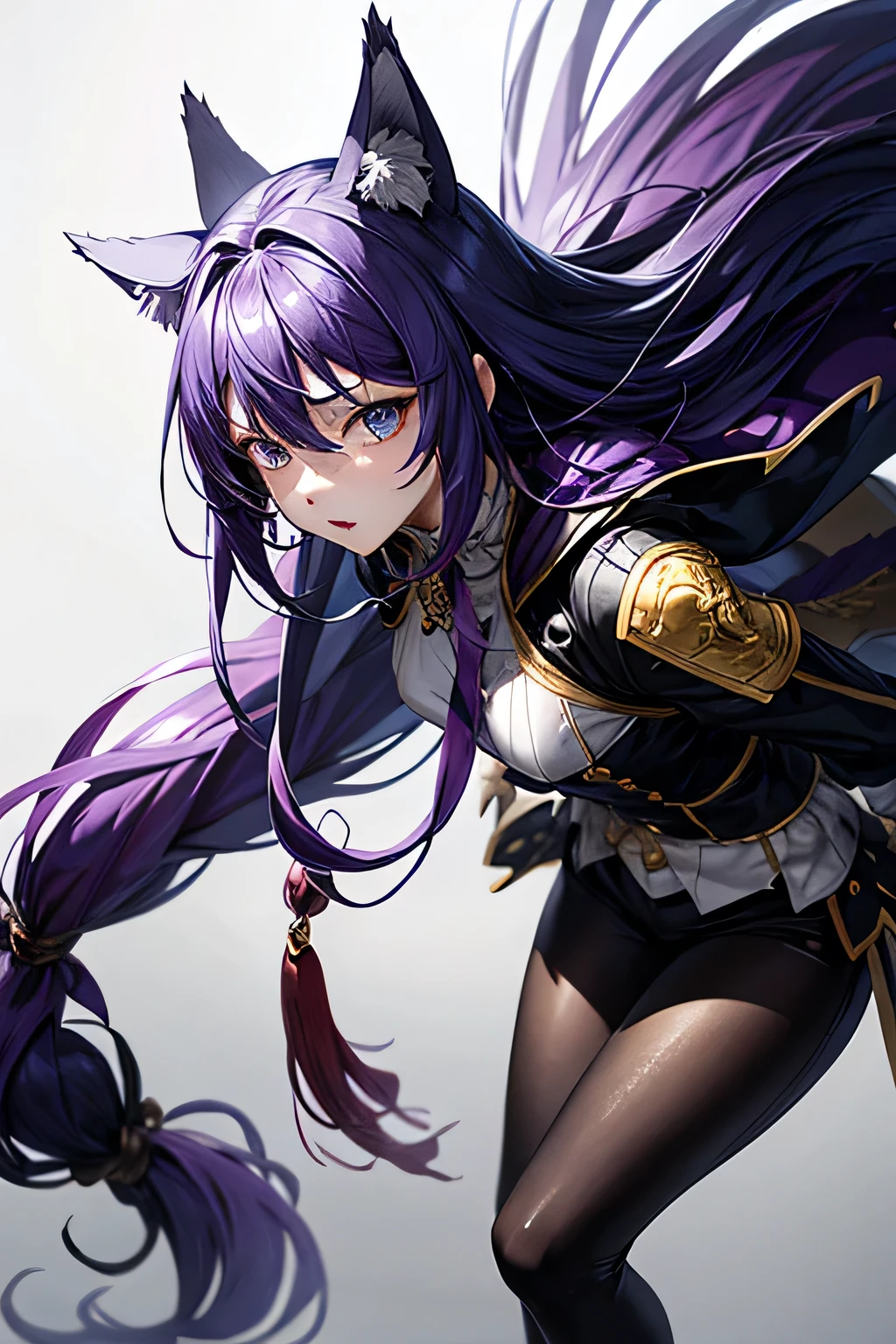 Wolf、girl、Beastman、purple、cool、anime、Less exposure、Combat Uniform、髪はpurple色、耳の色もpurple色、もう少しanimeよりの顔にして、Her hairstyle is a straight twisted tail.、It's not a braid.、Make it cartoon style、Dress like a ninja、Your hair is long、Her hair is straight twin tails、Hair in two ponytails