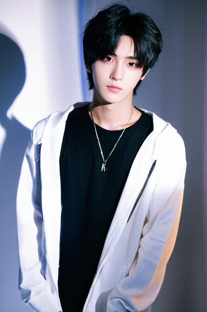 One boy, Young man with black hair (Mash straight hair),Male K-POP idol style, Medium size portrait, Oval Face, Vivid,Selfie,(In a dark room),The whole body is projected