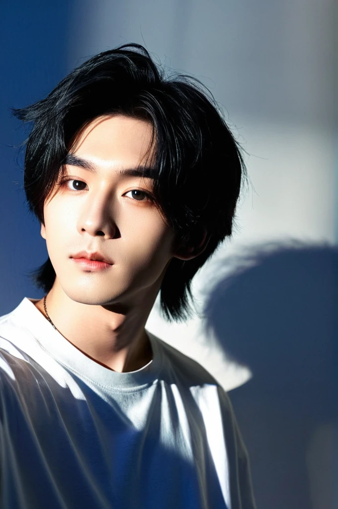 One boy, Young man with black hair (Mash straight hair),Male K-POP idol style, Medium size portrait, Oval Face, Vivid,Selfie,(In a dark room),The whole body is projected