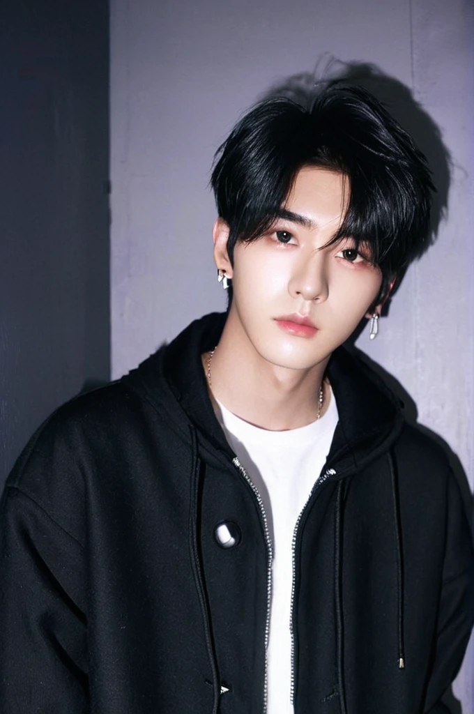 One boy, Young man with black hair (Mash straight hair),Male K-POP idol style, Medium size portrait, Oval Face, Vivid,Selfie,(In a dark room),The whole body is projected