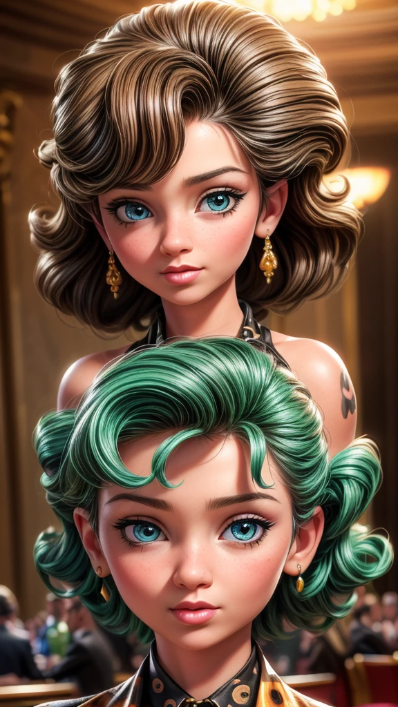 a girl riding a cheetah, detailed face with beautiful eyes and lips, big hair detailed background with casino , (best qualityer,4K,8k,high resolution,work of art:1.2),ultra detali,(realisitic,photorealisitic,photo-realisitic:1.37),swirly vibrant colors,natural lighting,casino formal wear,Eccentric