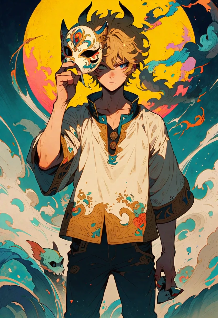 estilo2,standing alone,ung boy,Holding a mask