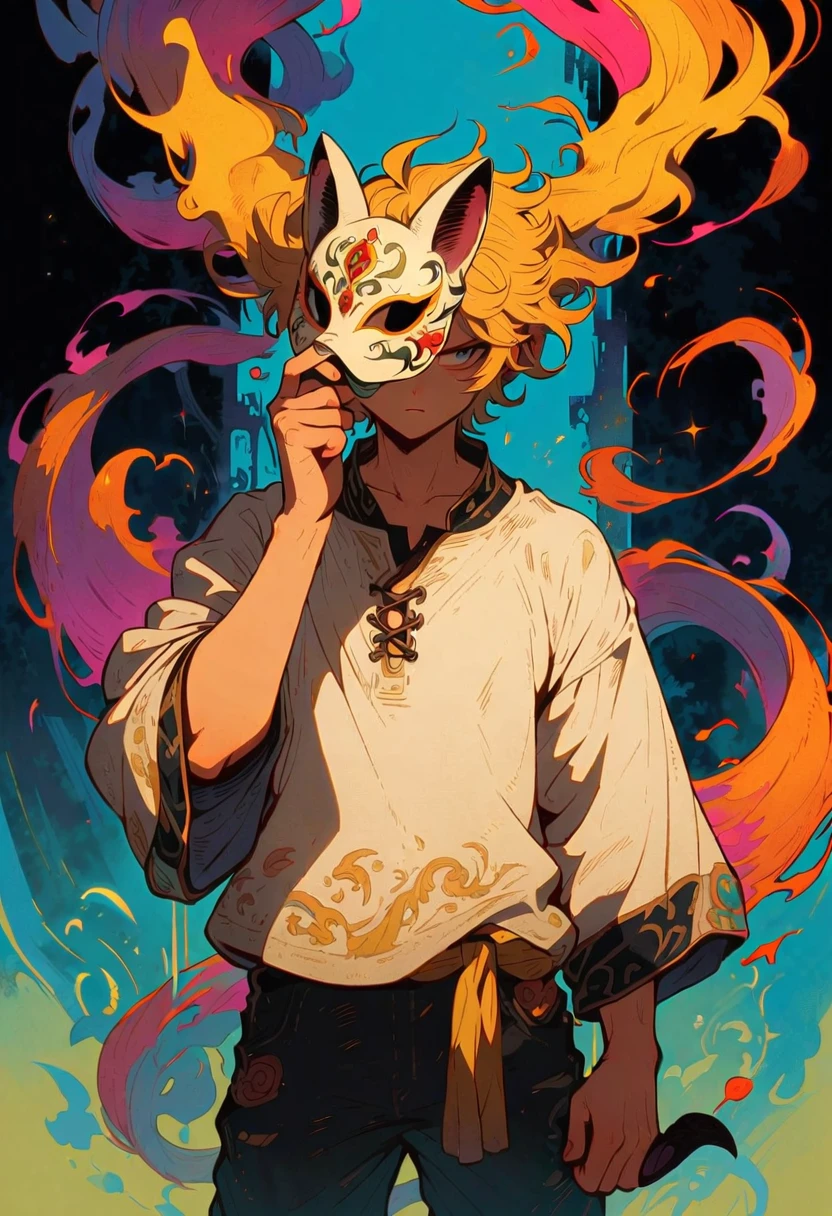 estilo2,standing alone,1 young boy,Holding a mask