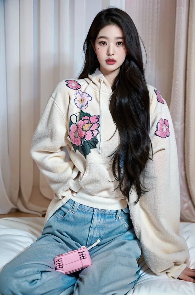 Jang Wonyoung, Nikon RAW photo, 8k, Fujifilm XT3, masterpiece, best quality, realistic, photorealistic, ultra detailed, 1girl, black hair, curtains, floral print, lips, long hair, looking at viewer, mole, sitting, solo