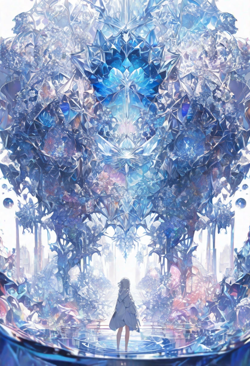 Tai Chi diagram、((masterpiece)), (anime:1.3), ((Highest quality)), (Abstract art:1.5), (High resolution), (pale colour), Wide Shot, (Fractal structure:1.5), (Simple white background:1.6), landscape, (beautiful), (Biological atmosphere), deep sea, (pretty girl),  beautiful白い髪, (Are crying), transparent　Glass　ice　mirror　Blue rose　crystal