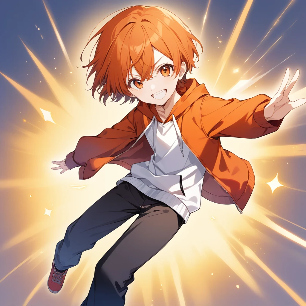 Orange Hair, Orange eyes,short hair,smile, a bit,maleの子一人,a bitキャラ,anime,whole body,mini,male,小さいmaleの子,hoodie,Dynamic,piece