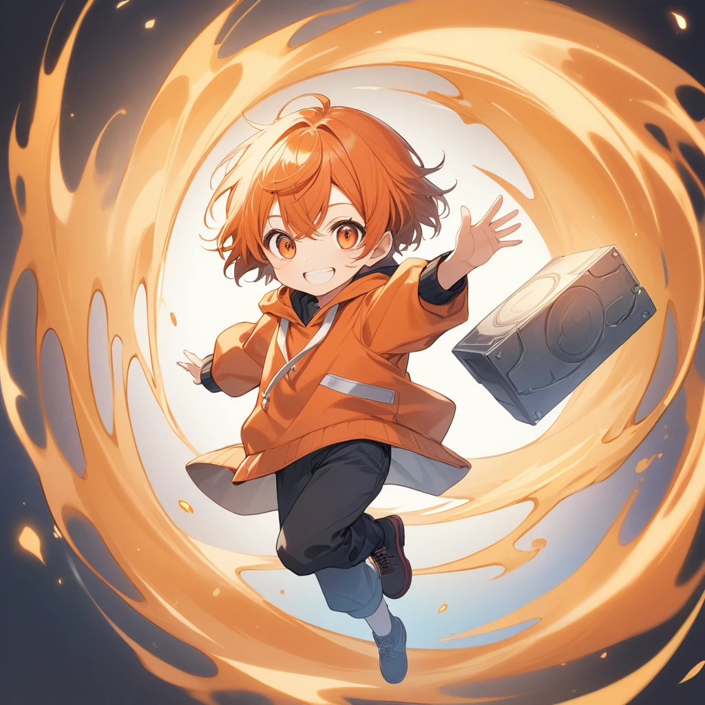 Orange Hair, Orange eyes,short hair,smile, a bit,maleの子一人,a bitキャラ,anime,whole body,mini,male,小さいmaleの子,hoodie,Dynamic,piece