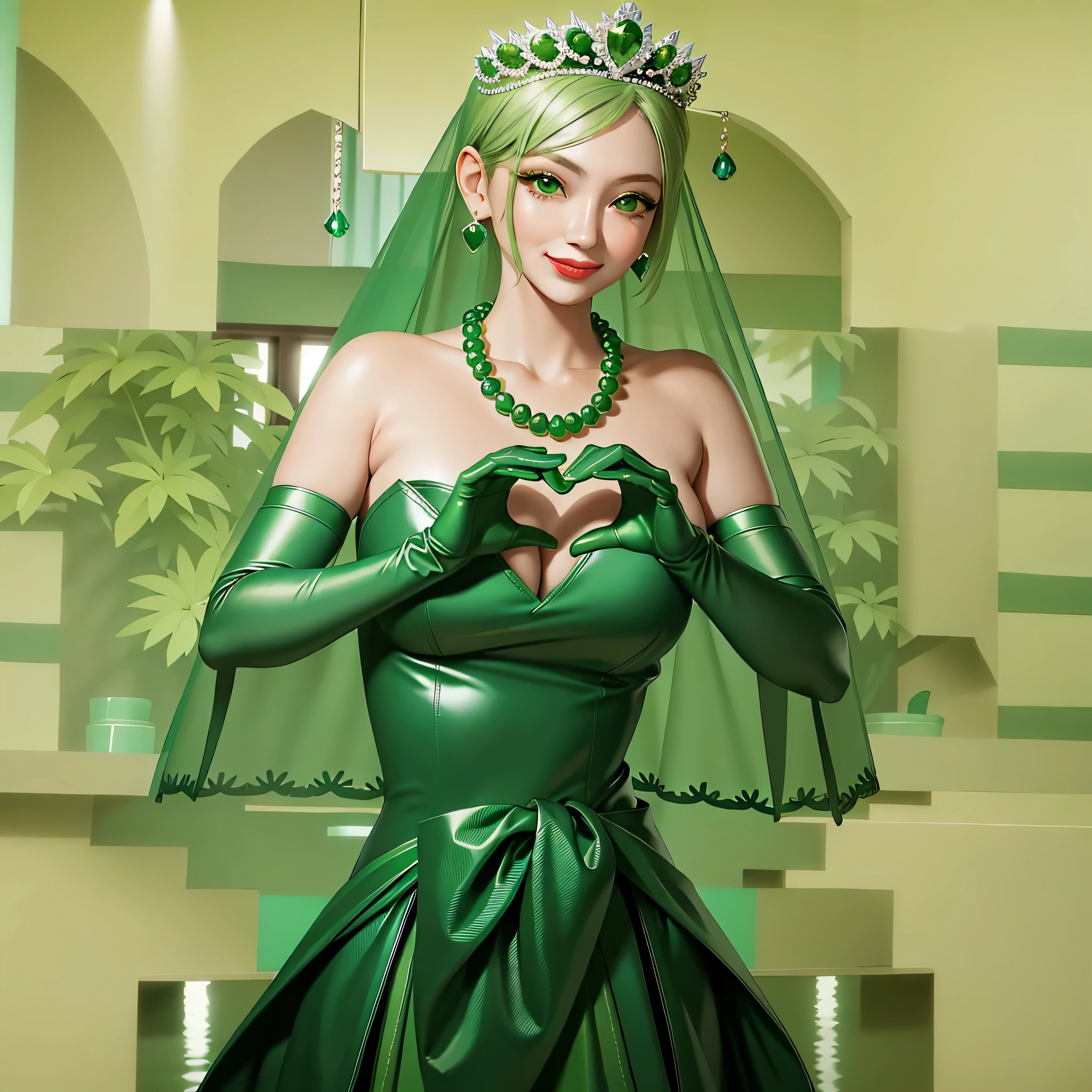 Emerald tiara, Green Pearl Necklace, Boyish very short green hair, Green Lips, Smiling Japanese woman, Very short hair, Busty beautiful lady, Green Eyes, Green satin long gloves, Green Eyes, Emerald Earrings, Green veil, Heart with both hands, Green Hair, Beautiful Japanese Women, Heart shaped hands:1.3, green lip gloss
