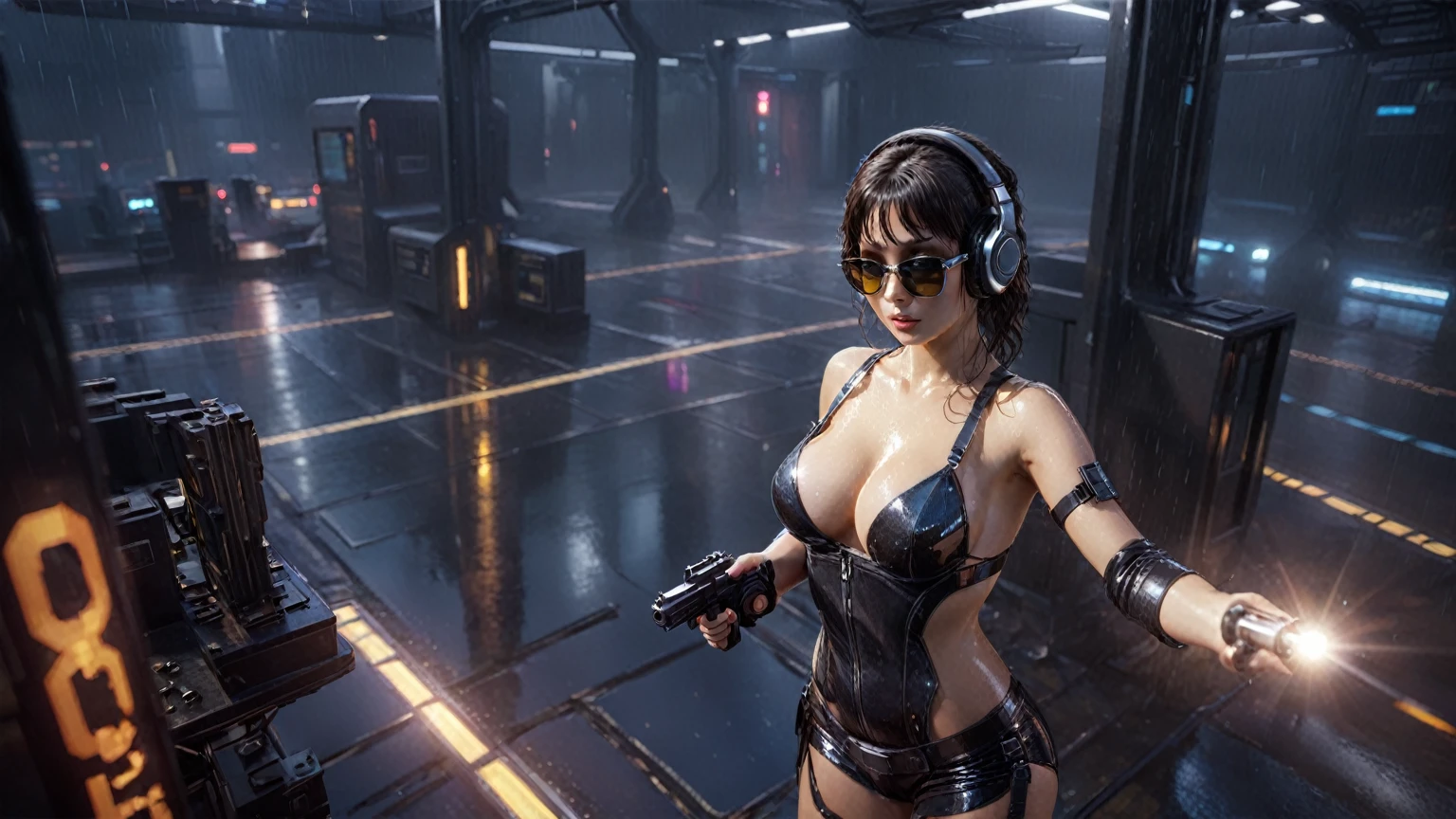(((aerial view))), Blade Runner style futuristic railway platform, hi-tech train, neon lights, rainy night. (1girl, solo, alone), large-breast:1.2 slim body, cleavage:1.1, sexy lingerie with wet jacket, headphone, (black sunglasses), (((she raised a pistol:1.8 and shot:1.8 the viewer))), dynamic pose, (((half-body thigh level medium shot))), cinematic lighting, lens flare, ray tracing, blurred:1.4 background.