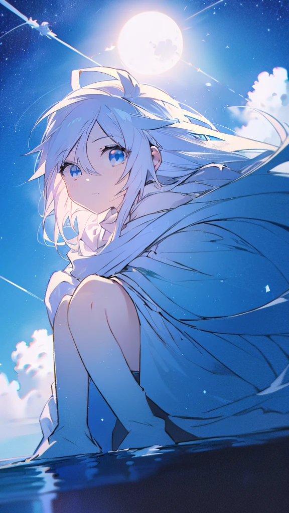 Seven-doppelganger shot,Anime style 4K,High quality anime art style,Standing painting,Splash ink background,Blue Themes、Pure white background,Buildings,Face close-up,Buildings,Moon and sun、Shining Star々,milky way,Bright Sky,Looking at me,Facing forward,Clear eyes and nose,cute,beautiful,Thin legs,sitting by the water, black hair, Blue eyes, girl, bob, front, cute,Blue Background,Long Hair,Whale flying in the blue sky