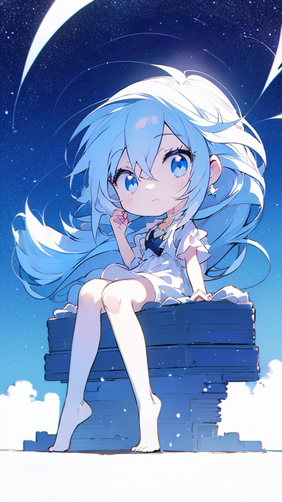 Seven-doppelganger shot，Anime style 4K,High quality anime art style，Standing painting，Splash ink background，Blue Themes、Pure white background,Buildings,Face close-up,Buildings,Moon and sun、Shining Star々,milky way,Bright Sky,Looking at me,Facing forward,Clear eyes and nose,cute,beautiful,Thin legs,sitting by the water, black hair, Blue eyes, girl, bob, front, cute,Blue Background,Long Hair,Whale flying in the blue sky