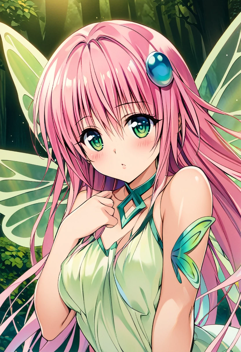 A girl named Lara Satalin Deviluke with long pink hair and green eyes, wearing a hair ornament with iridescent colors. She has fairy wings and flying in a magical forest. The image is in the style of Yabuki Kentaro’s To Love-Ru art style, aiming to be a masterpiece of the highest quality, resembling official art and a grand prix award illustration. The image should feature professional lighting and emphasize iridescent colors throughout the scene.