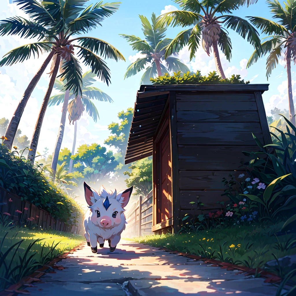 Masterpiece, highest quality, high resolution background, bright and beautiful atmosphere, 3 girls (2 years old, 1 short-tempered round face), 1  (hair, surface effects), small breasts, girls climbing on palm trees , perspective looking down on the ground, mini pig playing on the ground, mini pig rolling, "deltamon_sdXL :0.73) >Deltamon"