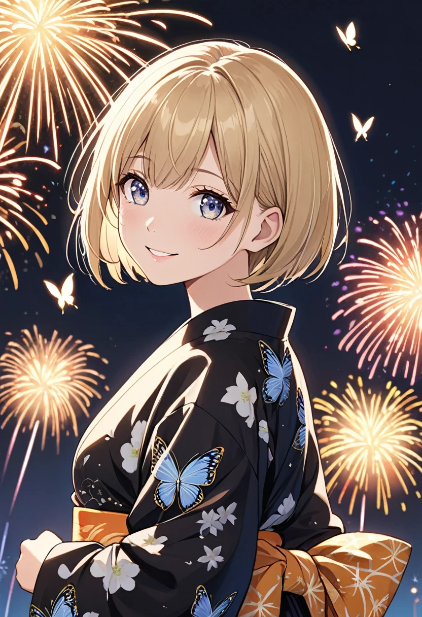 One girl, blonde short hair, wearing a Yukata with a erfly pattern on a black base,She is watching Japanese HANABI,Hanabi is Japanese Fireworks,smile,(((masterpiece))), (((best quality))), ((ultra-detailed)), (illustration), (detailed light),((an extremely delicate and beautiful)),(beautiful detailed eyes),