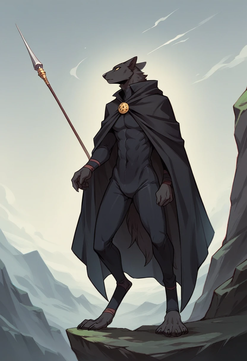 create a picture of an anthropomorphic cat character with black fur and yellow eyes, make his body thin and slender, make him wearing a black closed cloak, make him holding a compound bow, make it in an anime style, give him a short snout, make the cloak look stealthy, make him climbing up the wall of a cliff, give him digitigrade legs with gray paws, make him wearing a black skintight suit underneath the cloak, make it late at night, make him look focused, make him overlooking a distant fortress