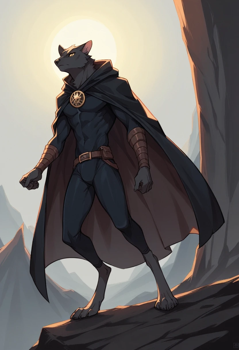 create a picture of an anthropomorphic cat character with black fur and yellow eyes, make his body thin and slender, make him wearing a black closed cloak, make him holding a compound bow, make it in an anime style, give him a short snout, make the cloak look stealthy, make him climbing up the wall of a cliff, give him digitigrade legs with gray paws, make him wearing a black skintight suit underneath the cloak, make it late at night, make him look focused, make him overlooking a distant fortress