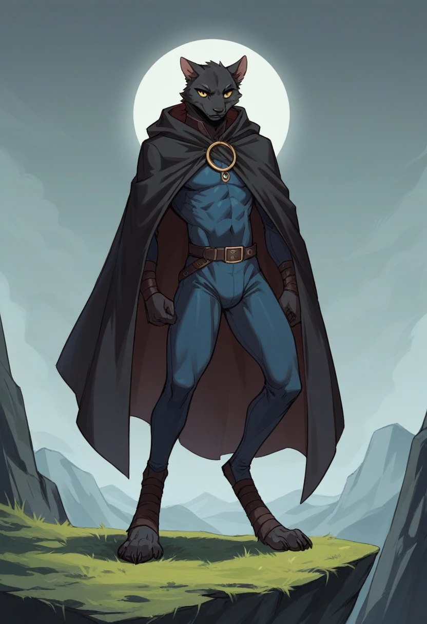 create a picture of an anthropomorphic cat character with black fur and yellow eyes, make his body thin and slender, make him wearing a black closed cloak, make him holding a compound bow, make it in an anime style, give him a short snout, make the cloak look stealthy, make him climbing up the wall of a cliff, give him digitigrade legs with gray paws, make him wearing a black skintight suit underneath the cloak, make it late at night, make him look focused, make him overlooking a distant fortress