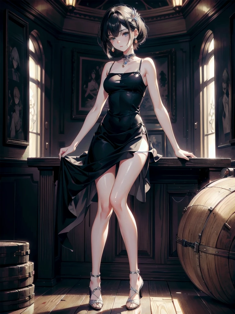 absurdres, RAW photo, extremely delicate and beautiful, masterpiece, Best Quality, ultra high resolution, 32k, hyperrealistic, ultra-detailed, perfect anatomy, anatomically correct, perfect figure, Perfect Style, Perfect balance, in her 20s, very Slim body, narrow waist, very small head, very small face, delicate facial features, detailed face, detailed eyes, tearful mole, earring, very huge round breasts, full body shot, whole legs, medium hair, asymmetrical hair, indoor, skirt, (camisole:1.2),