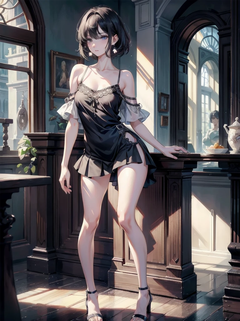 absurdres, RAW photo, extremely delicate and beautiful, masterpiece, Best Quality, ultra high resolution, 32k, hyperrealistic, ultra-detailed, perfect anatomy, anatomically correct, perfect figure, Perfect Style, Perfect balance, in her 20s, very Slim body, narrow waist, very small head, very small face, delicate facial features, detailed face, detailed eyes, tearful mole, earring, very huge round breasts, full body shot, whole legs, medium hair, asymmetrical hair, indoor, skirt, (camisole:1.2),