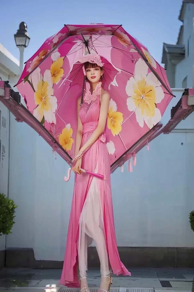 there is a woman in a pink dress holding a pink umbrella, inspired by beautiful girl