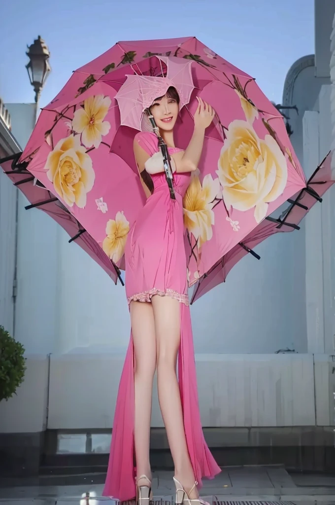 there is a woman in a pink dress holding a pink umbrella, inspired by beautiful girl 