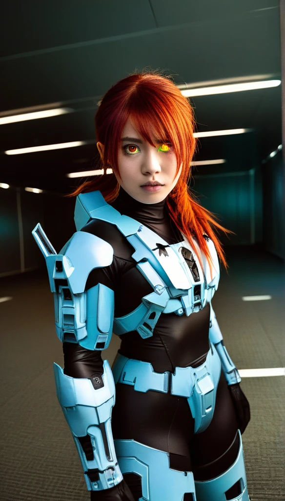 1 Girl、((glowing eyes, red eyes)), Medium Bust、solo、red Hair、Braid、Mobile Race Suit、Shoulder Armor、ceiling、Wide Shot、Looking Ahead、zipup suit 、Closed Mouth、Highest quality、medium quality、22 years old、Mobile Trace System、cockpit、Asian、CyborgCosplay