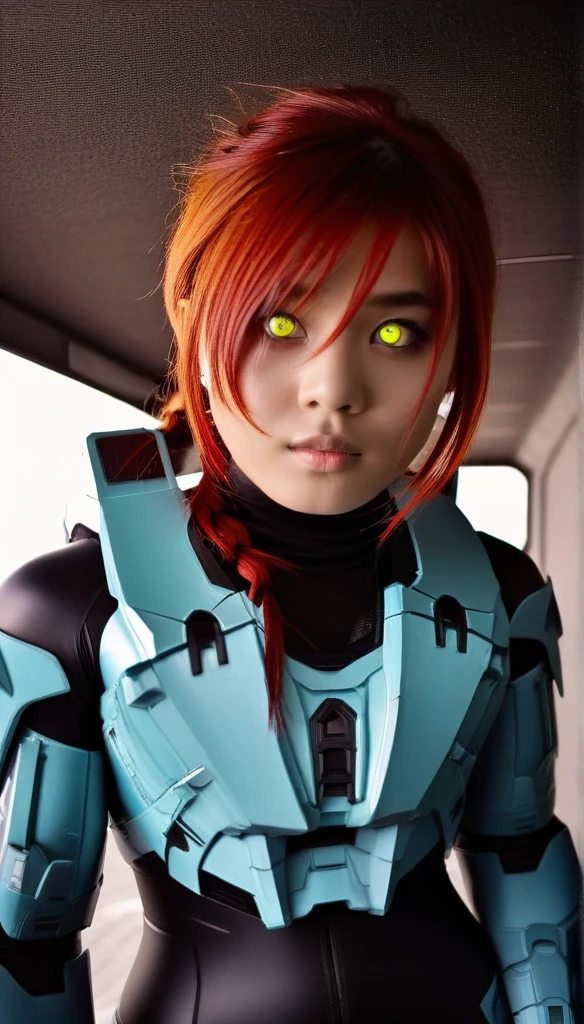 1 Girl、((glowing eyes, red eyes)), Medium Bust、solo、red Hair、Braid、Mobile Race Suit、Shoulder Armor、ceiling、Wide Shot、Looking Ahead、zipup suit 、Closed Mouth、Highest quality、medium quality、22 years old、Mobile Trace System、cockpit、Asian、CyborgCosplay
