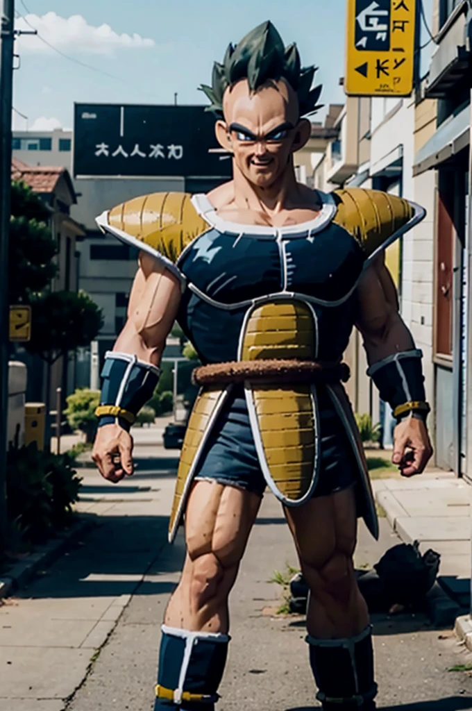 napa, baldie, eyes black, whisker, muscular, (((((Dark Blue Saiyan Armor))))), dark blue armbands, Dark blue boots, glitches, briefs black, tail around the waist, looking towards the left side, evil smile, serious, standing, in the middle of the city, raising the closed left hand ,next to vegeta who is in his white spherical ship wearing his sayajin armor and scouter,distant city, extreme detail, work of art,
