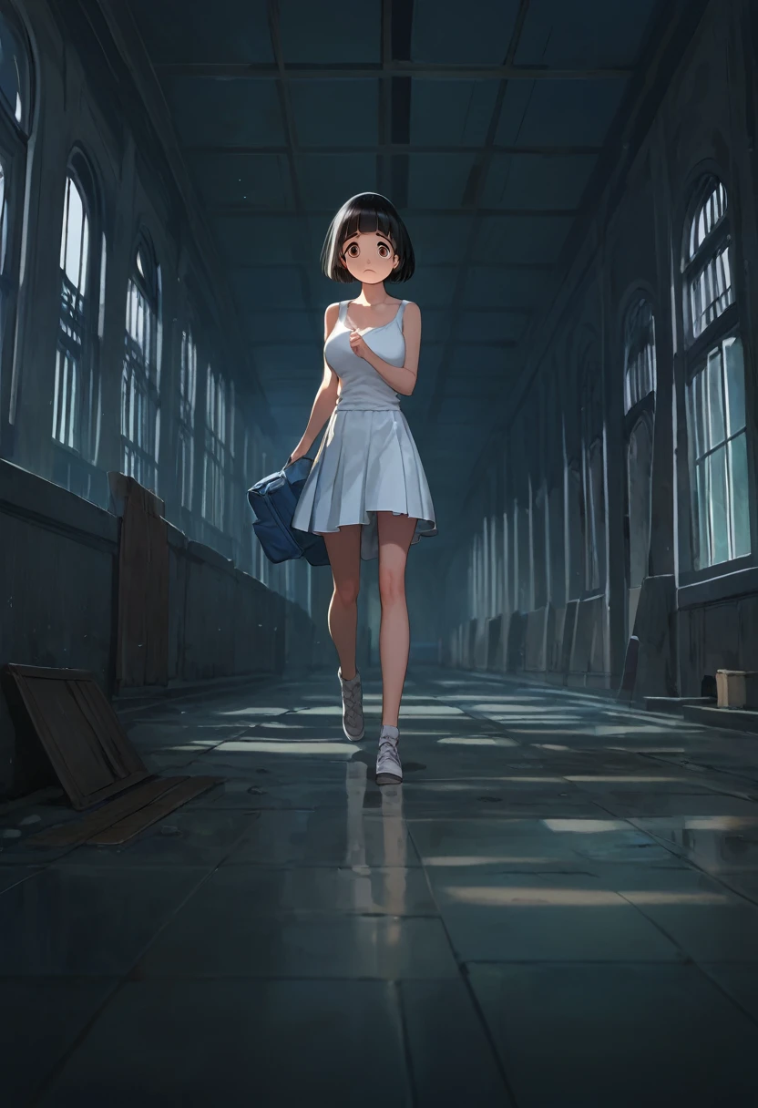 score_9,score_8_up,score_7_up,masterpiece,best quality, source anime, official art, super detailed, extreme detailed, rating_safe,
1girl, walking, test of courage, looking around,
BREAK girl, 22yo, short hair, bob cut, (blunt bangs), black hair, (tareme, detailed cute brown eyes), curled eyelashes, (large breasts:0.9), 
shiny hair, beautiful detailed eyes, beautiful face,
white tank top, tight mini skirt, 
(scared:1.3), frown,
indoors, Abandoned Building