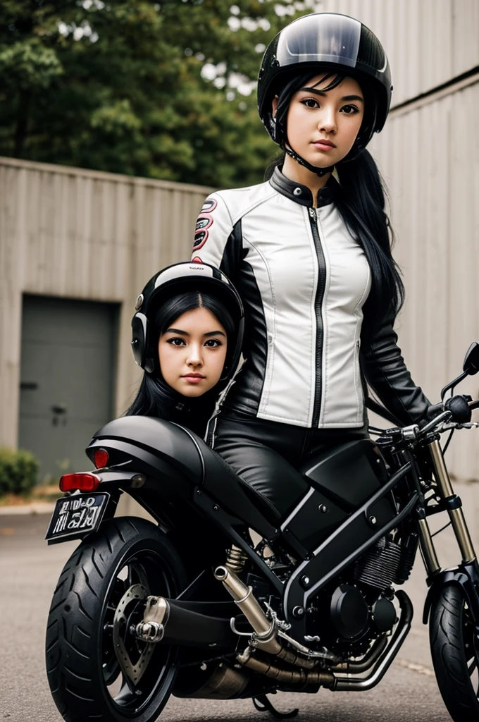 Make me an anime biker girl with her motorcycle where you can see her face and her helmet and motorcycle , long black hair dark eyes, white and pretty 