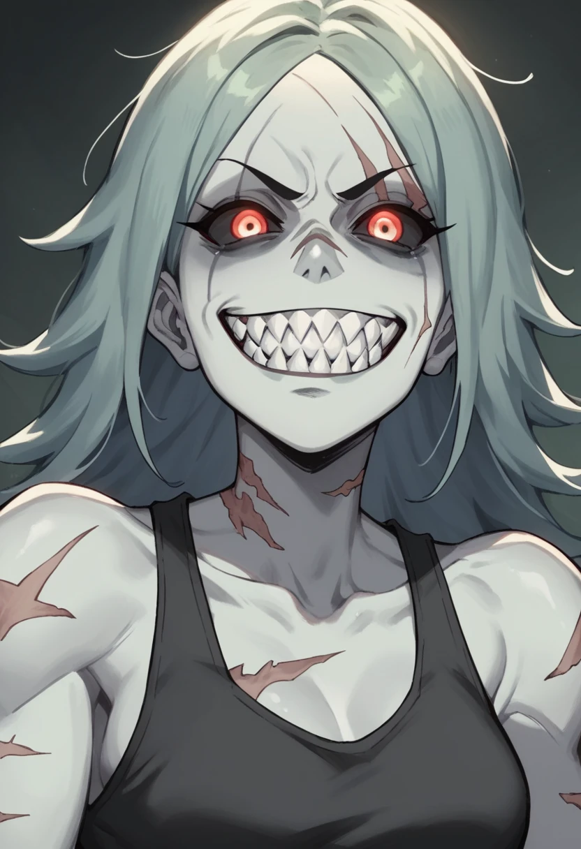 Anime zombie undead girl, slitched face, scars an face, black sclera, shark teeth, glowing eyes, smug face, vile, pale green-ish decayed skin, black tank top, eletric colar, street smart