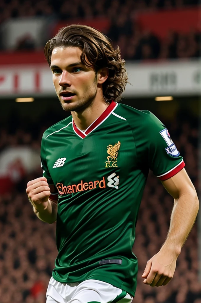 A 6'1 male with brown wavy hair, green eyes, and wearing a liverpool kit