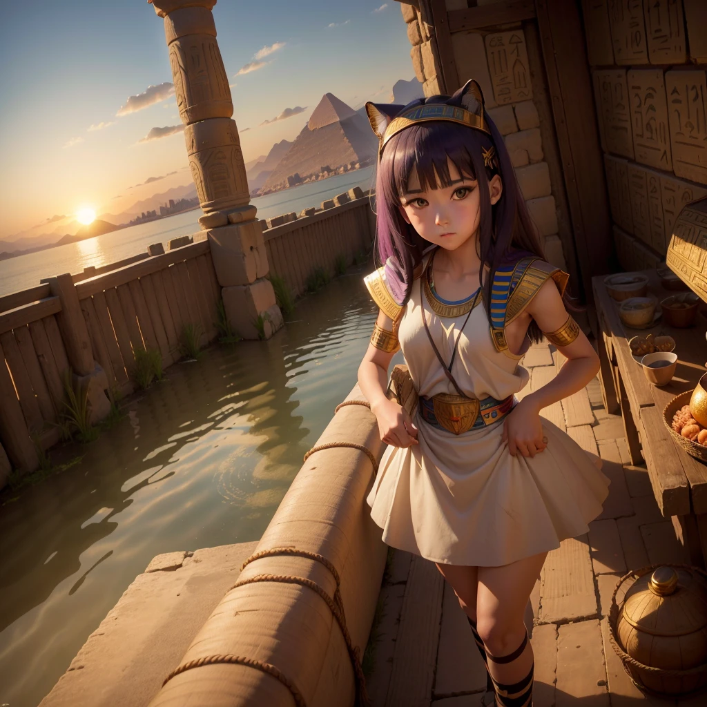 かわいいAncient Egyptの15歳の女の子、Ancient Egypt、View of the Nile、A colorful view of the whole、whole body、Low - Angle、Standing posture、Reeds are growing、Ancient Egyptの船、Ancient Egyptの風景、Sunset、