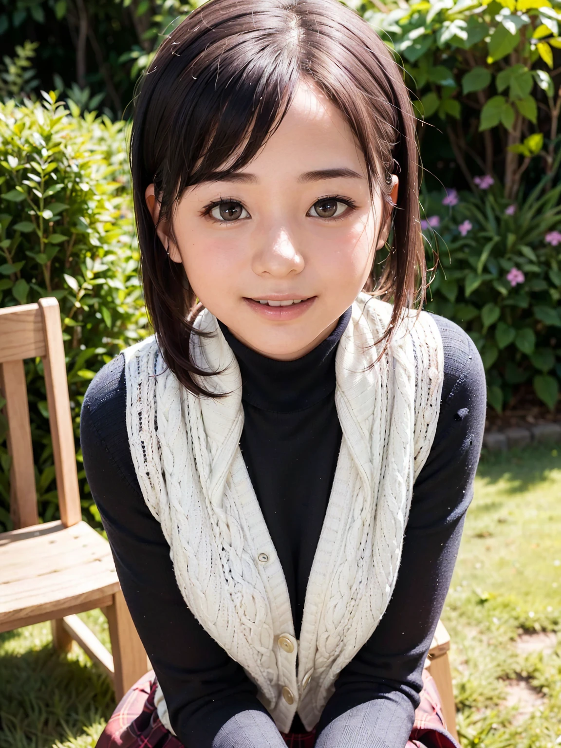 8K quality,(super masterpiece:1.3),Highest quality,Detailed Images,The real picture,Natural lighting,symmetrical beauty,1 female,Japanese,20-year-old,(微smile,smile,smile),Hairstyle(Medium Hair,Curly Hair,High Ponytail,With bangs),(very cute:1.3),Thick eyebrows,(Double:1.2),(Realistic eyes:1.1),clothing(White cardigan,Black turtleneck sweater,Red Check Skirt,Black long tights,Brown shoes),background(garden,On the grass,Square),Sit on a chair,(Face directly towards the camera,Looking directly at the viewer,looking at the camera,The body faces the viewer,The body is facing the direction of the camera,Face looking straight into the camera).