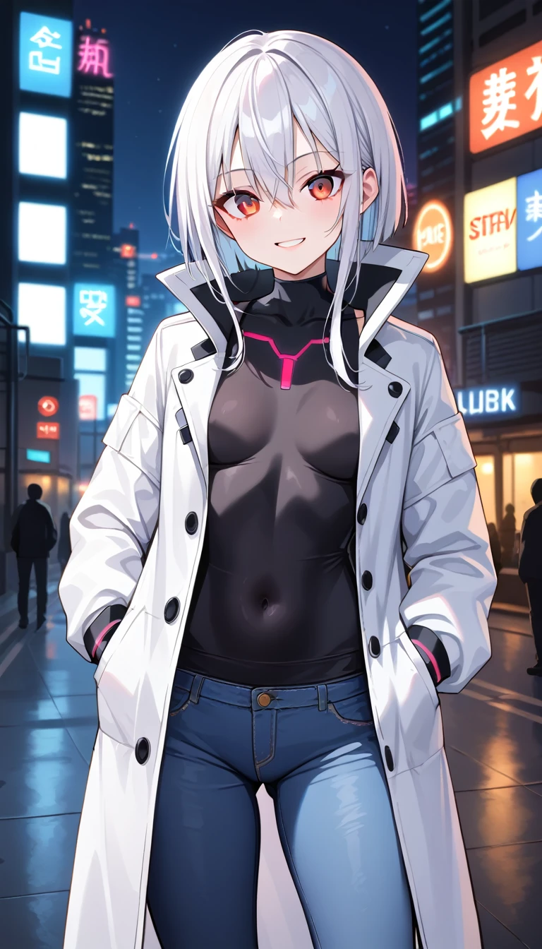 1girl, , slim, small breasts, white hair, hairs between eyes, shoulder length hair, pale skin, bright red eye, white duffle coat and long-sleeve black sweater, open jacket, jeans, gold pocket watches hanging from the neck, BREAK kawaii, smile, cowboy shot, pose, cyberpunk, night city, neon light, light particle, BREAK smooth skin, cinematic lighting, volumetric shadow, BREAK score_9, score_8_up, score_7_up,